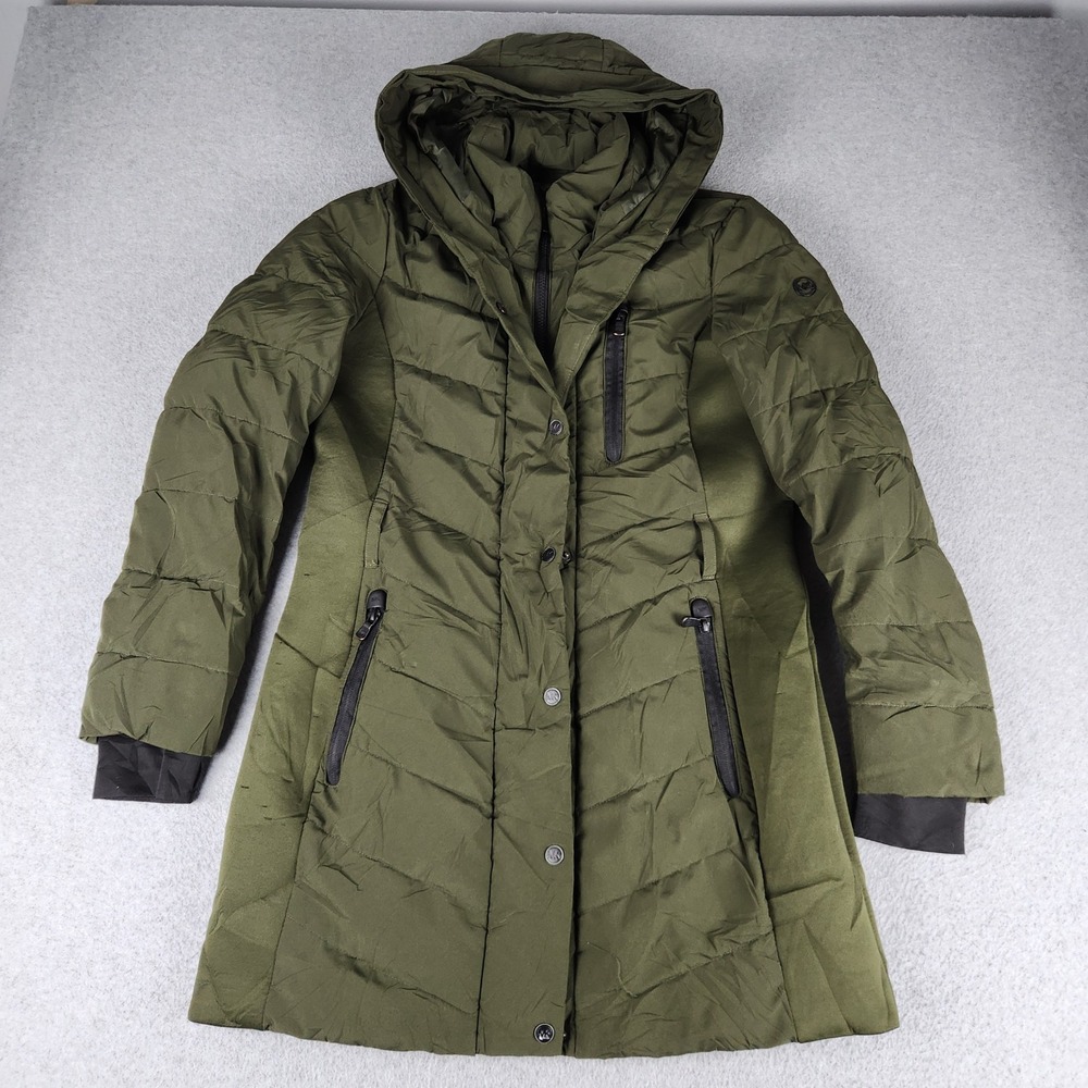 Michael Kors Puffer Parka Women Medium Green Quilted Winter Hooded Snap Full Zip